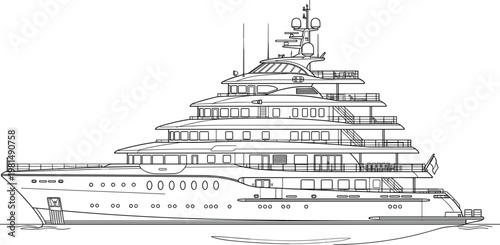 Luxury super yacht vector side view detailed line art modern cruise vessel maritime transportation illustration design.eps