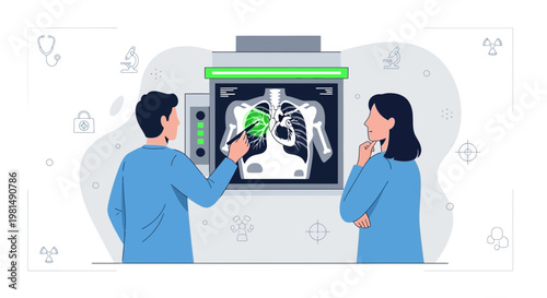 Doctor showing lung x-ray scan to patient, medical diagnosis and healthcare concept
