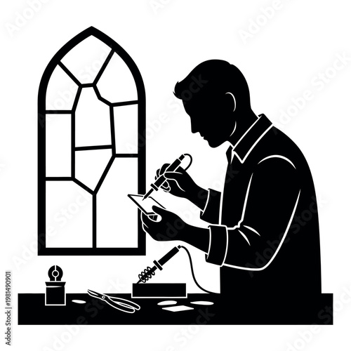 Man Soldering Electronics Near Stained Glass Window.