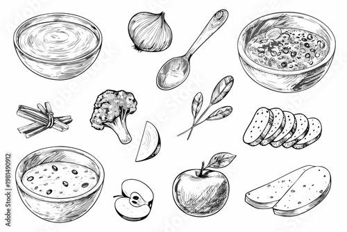 Sketch of culinary ingredients including vegetables fruits and prepared foods