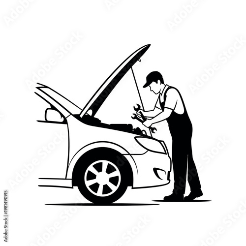 Mechanic Working on Car Engine Under Open Hood.