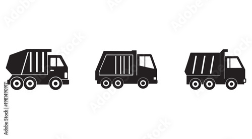 Three black garbage truck icons in different designs on white background  waste management vehicles