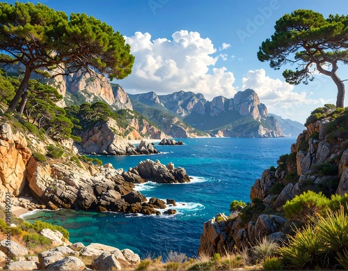 A serene rocky coastline with trees and mountains