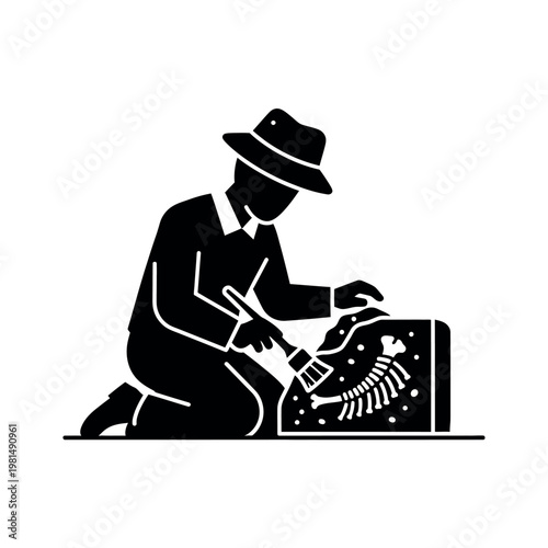 Paleontologist excavating dinosaur fossil remains.