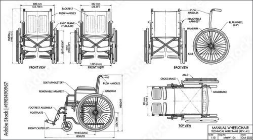 Manual wheelchair blueprint vector with multiple views detailed mobility aid technical drawing accessibility equipment illustration.eps