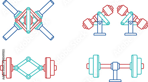 Mechanical linkage systems illustration set with joints and rotating mechanisms, engineering motion components and industrial kinematics concept minimal line design