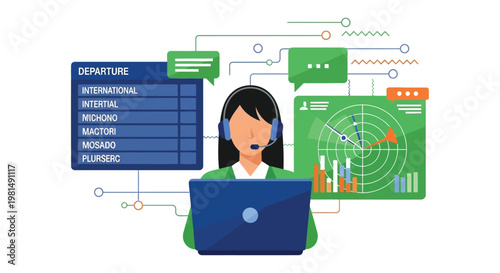 Professional air traffic controller working on a modern laptop computer while monitoring flight departure schedules and digital radar navigation screens in this clean vector graphic illustration that 