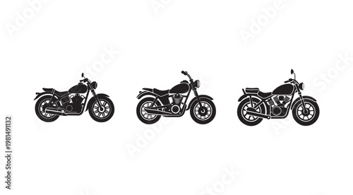 Three black motorcycles with white outlines in different positions from side view  motorbikes with wheels and seats