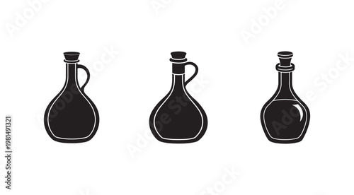 Three black silhouettes of ancient style liquid bottles with handles and stoppers on white background  oil containers  historical vessels