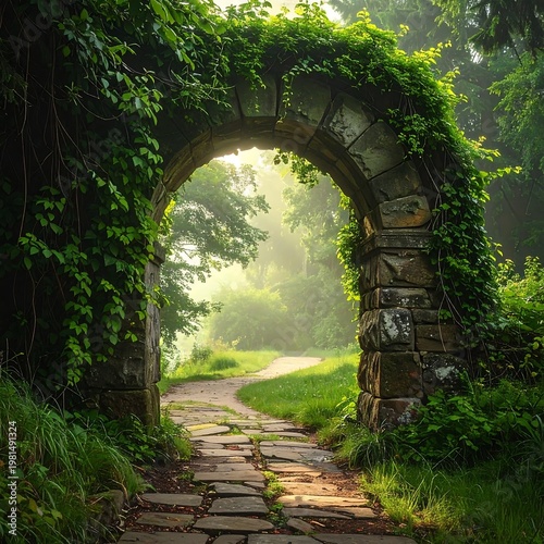 A serene stone archway overgrown with greenery leads to a winding path
