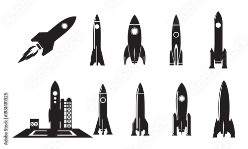 Collection of black silhouette rocket ships and space launch systems