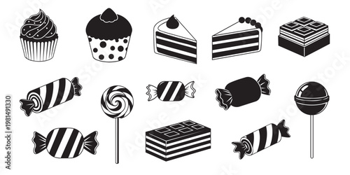 Sweet dessert and candy silhouette icon set. Cupcake, muffin, layered cake slice, lollipops, and wrapped bonbon symbols