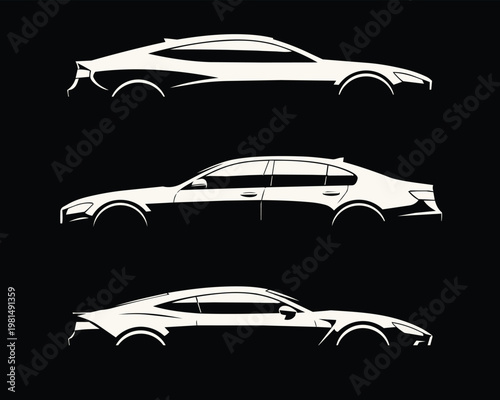 Luxury car silhouette set with sports sedan and supercar profiles for detailing logo design