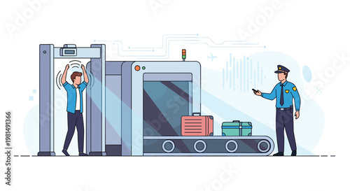 Passenger passing through a metal detector at an airport security checkpoint while a security officer monitors the baggage scanner.