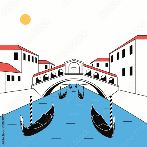 Venetian Gondolas Glide Under Historic Bridge.