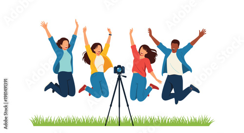 Energetic group of diverse friends jumping for joy while taking a group photo with a professional camera on a tripod in a green field.