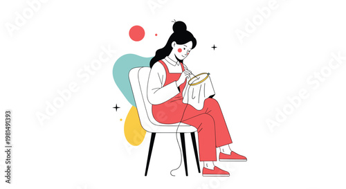 Creative young woman sitting comfortably on a chair while focused on her embroidery craft project with colorful abstract shapes behind.