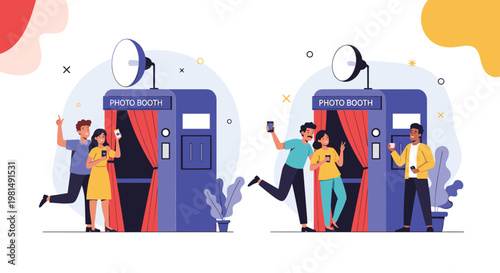 Groups of happy young friends enjoying their time together by taking fun selfies and posing inside a classic blue photo booth.