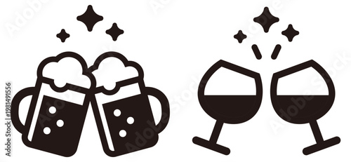ワインやビールで乾杯するシルエットアイコンセット