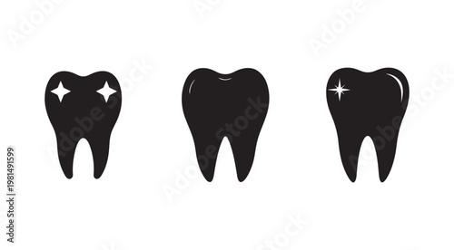 Three black tooth icons with white sparkles on white background  dental health symbols