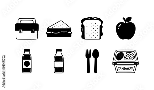 Minimal Lunch Icon Set Vector with Food Containers Sandwich and Fruit Flat Design Collection