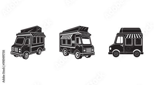Three different food trucks with awnings and various designs for culinary business use in city streets  food truck designs