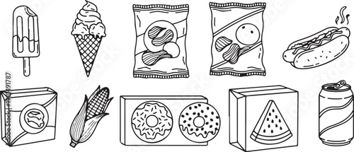 Symbolic line drawings of common objects and shapes with patterns Vector