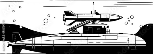 Submarine with a missile on top, black and white vector illustration, military vessel, underwater warfare concept.
