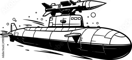 Submarine with a missile on top, black and white vector illustration, military vessel, underwater warfare concept.
