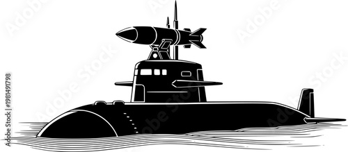Submarine with a missile on top, black and white vector illustration, military vessel, underwater warfare concept.
