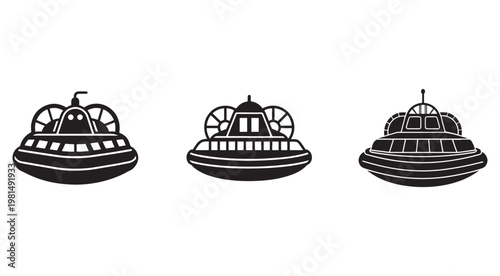 Three hovercraft designs with fans and windows  side views  isolated on white background