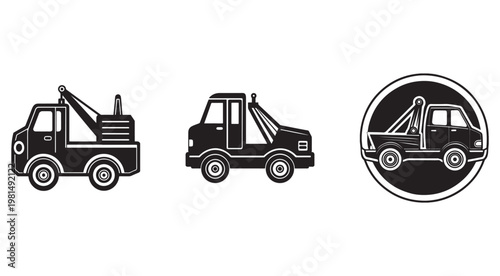 Tow truck vehicle icons in different views and circular badge isolated on white background for transport and rescue service