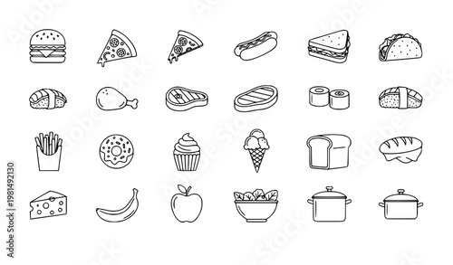 Food outline icons set with fast food desserts fruits and meal symbols editable vector collection