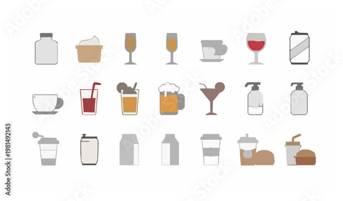 Rounded drink outline icons collection with soda coffee wine bottle and beverage symbols editable vector