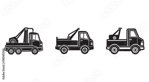 Tow trucks in different designs and angles for transportation and recovery services  various vehicle types