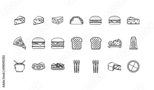 Minimal cheese outline icons set with fast food dairy snacks and kitchen tools clean vector illustration