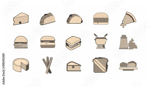 Rounded cheese outline icons collection with burgers pizza taco and dairy food symbols editable vector