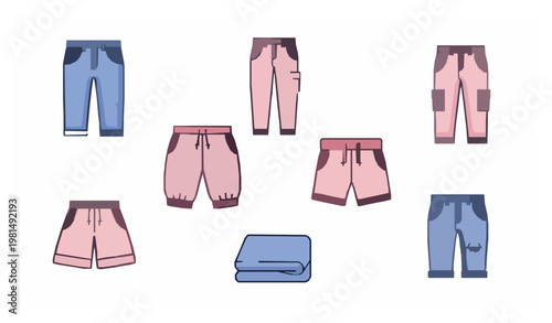 Modern filled pants icon set with jeans cargo trousers shorts and clothing style symbols vector
