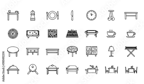 Minimal table outline icons set with dining furniture and gaming symbols clean vector illustration