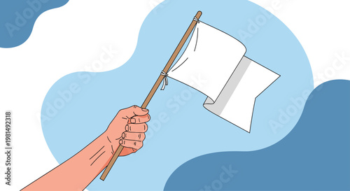 Symbolic hand holding a small white flag against a soft blue abstract background representing peace, surrender, or a truce.