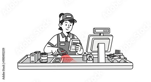 Cashier Scanning Groceries at Supermarket Checkout Counter