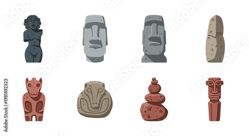 Collection of Ancient Stone Sculptures and Idols from Diverse Cultures