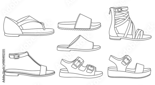 Collection of Fashionable Summer Sandals for Women - Line Art Illustration