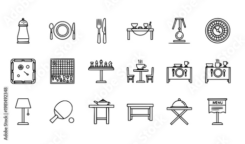Table outline icons set with dining gaming and furniture symbols editable vector collection