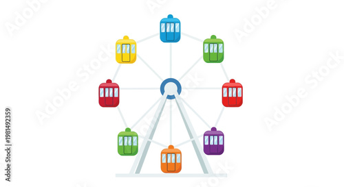 Colorful Ferris Wheel Amusement Ride with Multiple Gondolas on White Background
