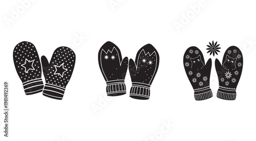 Winter mittens with snowflake and star patterns on white background  isolated winter gloves with festive designs