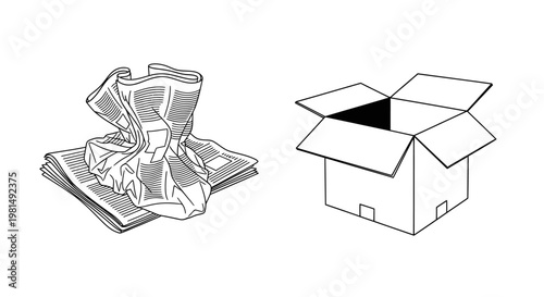 Crumpled Paper and Open Cardboard Box - Packaging and Shipping Concept