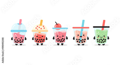 Cute Kawaii Boba Tea Characters with Straws and Toppings