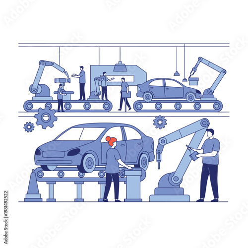 Automotive Assembly Line with Robotic Arms and Workers.