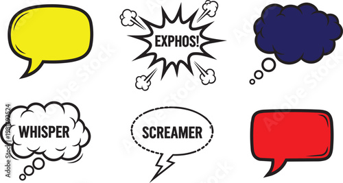 Cartoon-style speech bubbles with expressive faces and exclamation marks in yellow, purple, blue, red, and white